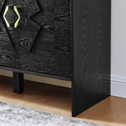 60' Mid Century Modern Sideboard Buffet Cabinet with Storage, TV Media Console, Storage Cabinet with Geometric Pattern & Adjustable Shelves for Kitchen Dining Living Room Entryway Hallway, Black