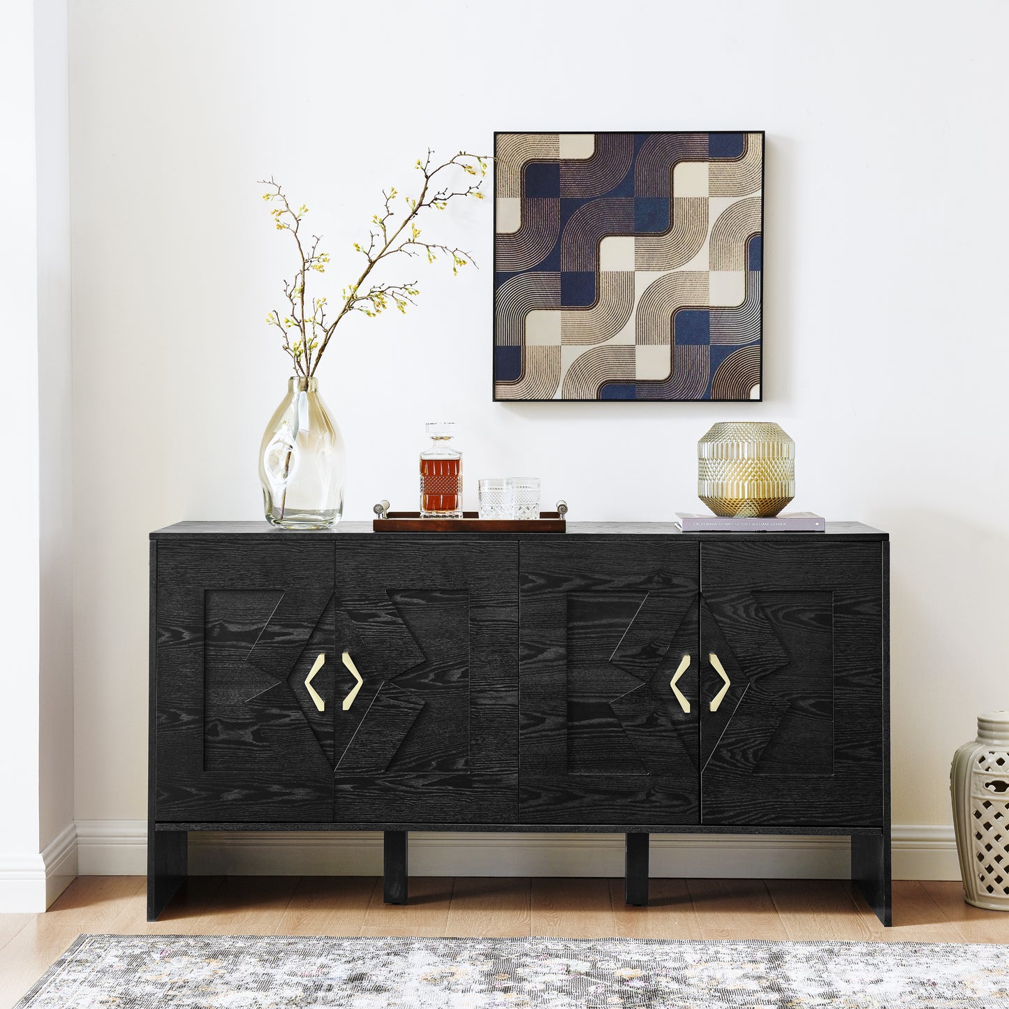 60' Mid Century Modern Sideboard Buffet Cabinet with Storage, TV Media Console, Storage Cabinet with Geometric Pattern & Adjustable Shelves for Kitchen Dining Living Room Entryway Hallway, Black