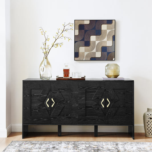 60' Mid Century Modern Sideboard Buffet Cabinet with Storage, TV Media Console, Storage Cabinet with Geometric Pattern & Adjustable Shelves for Kitchen Dining Living Room Entryway Hallway, Black