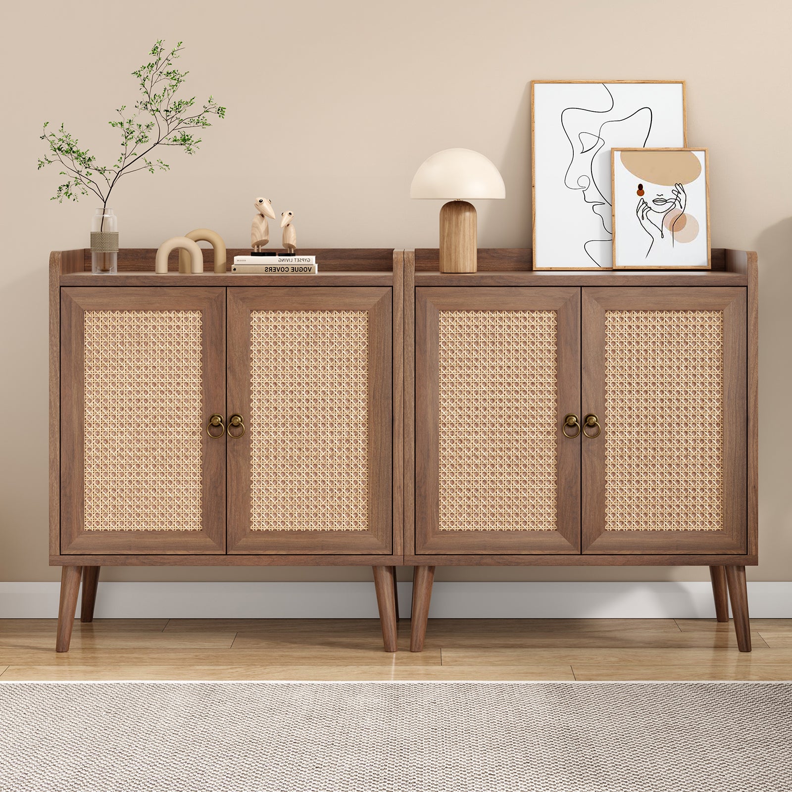 Sideboard Buffet Cabinet with Storage, Bar Liquor Cabinet with Rattan Decorated Doors, Credenza Console Tablefor Dining Room, Living Room,Hallway