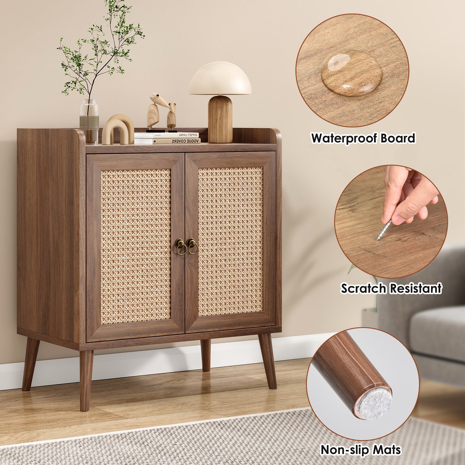 Sideboard Buffet Cabinet with Storage, Bar Liquor Cabinet with Rattan Decorated Doors, Credenza Console Tablefor Dining Room, Living Room,Hallway