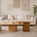 Vintage Square Coffee Table Set in Natural Wood Grain.