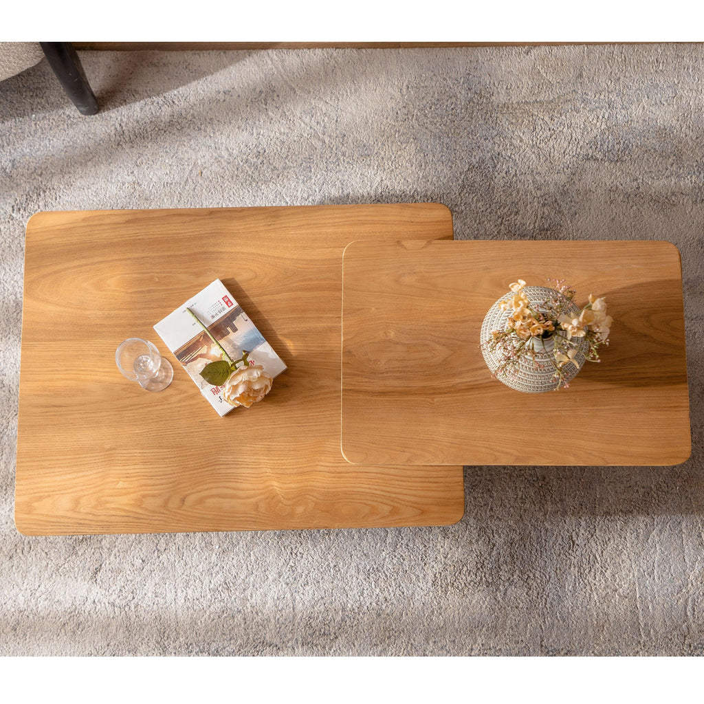 Vintage Square Coffee Table Set in Natural Wood Grain.