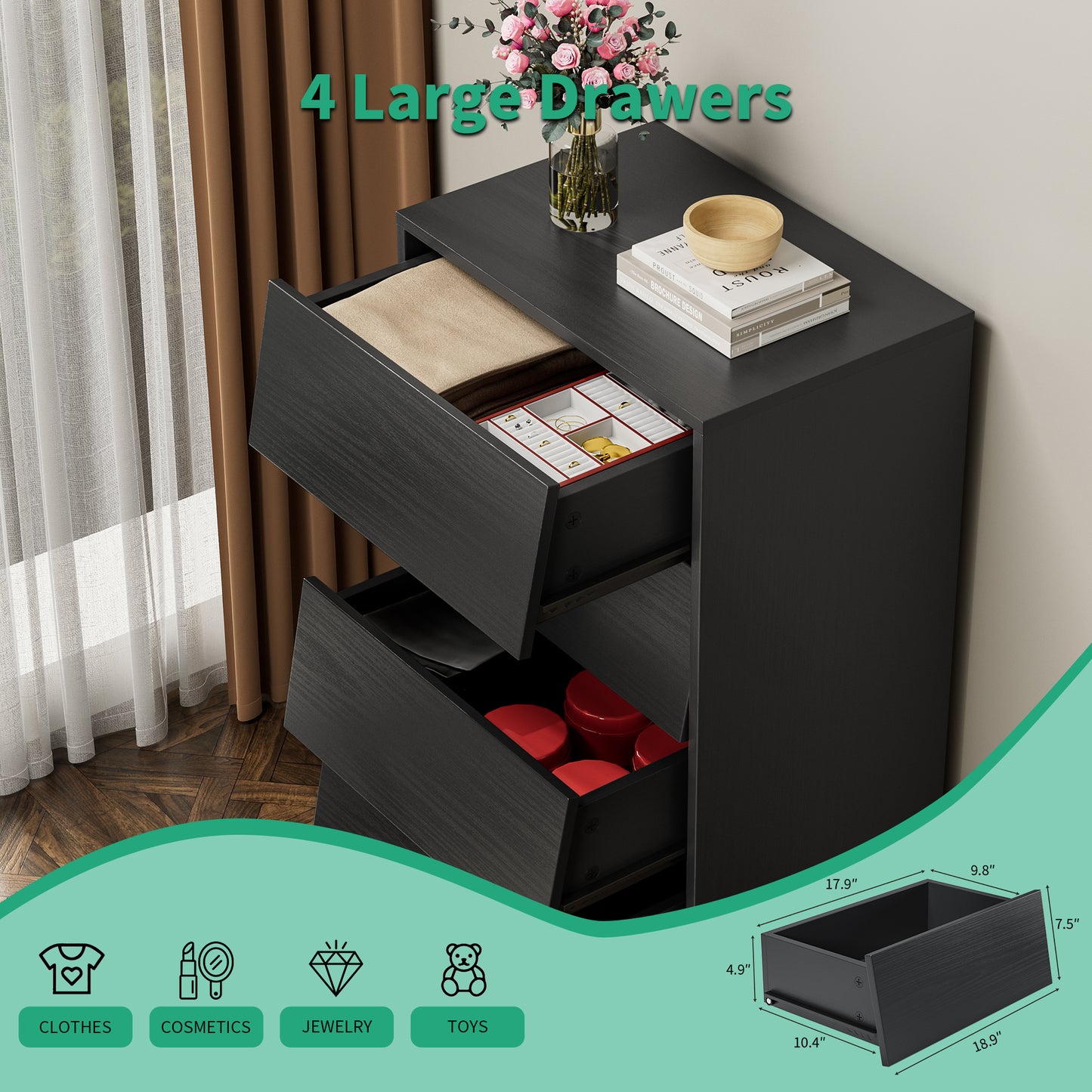 4 Drawer Double Dresser Features Vintage-style and Bevel Design