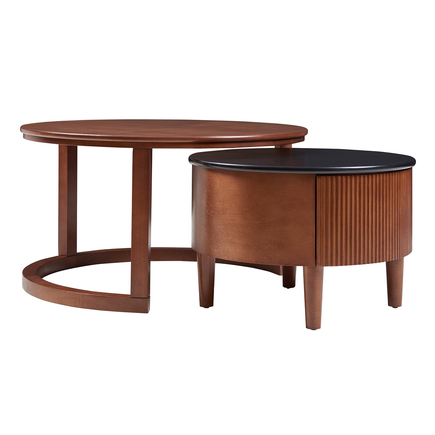 Vintage Round Nesting Coffee Table Fluted with Drawer in Black & Walnut in 31.5''