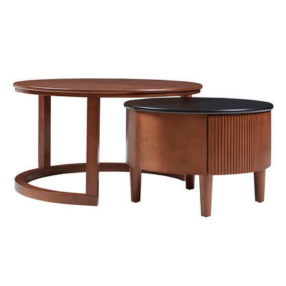 Vintage Round Nesting Coffee Table Fluted with Drawer in Black & Walnut in 31.5''