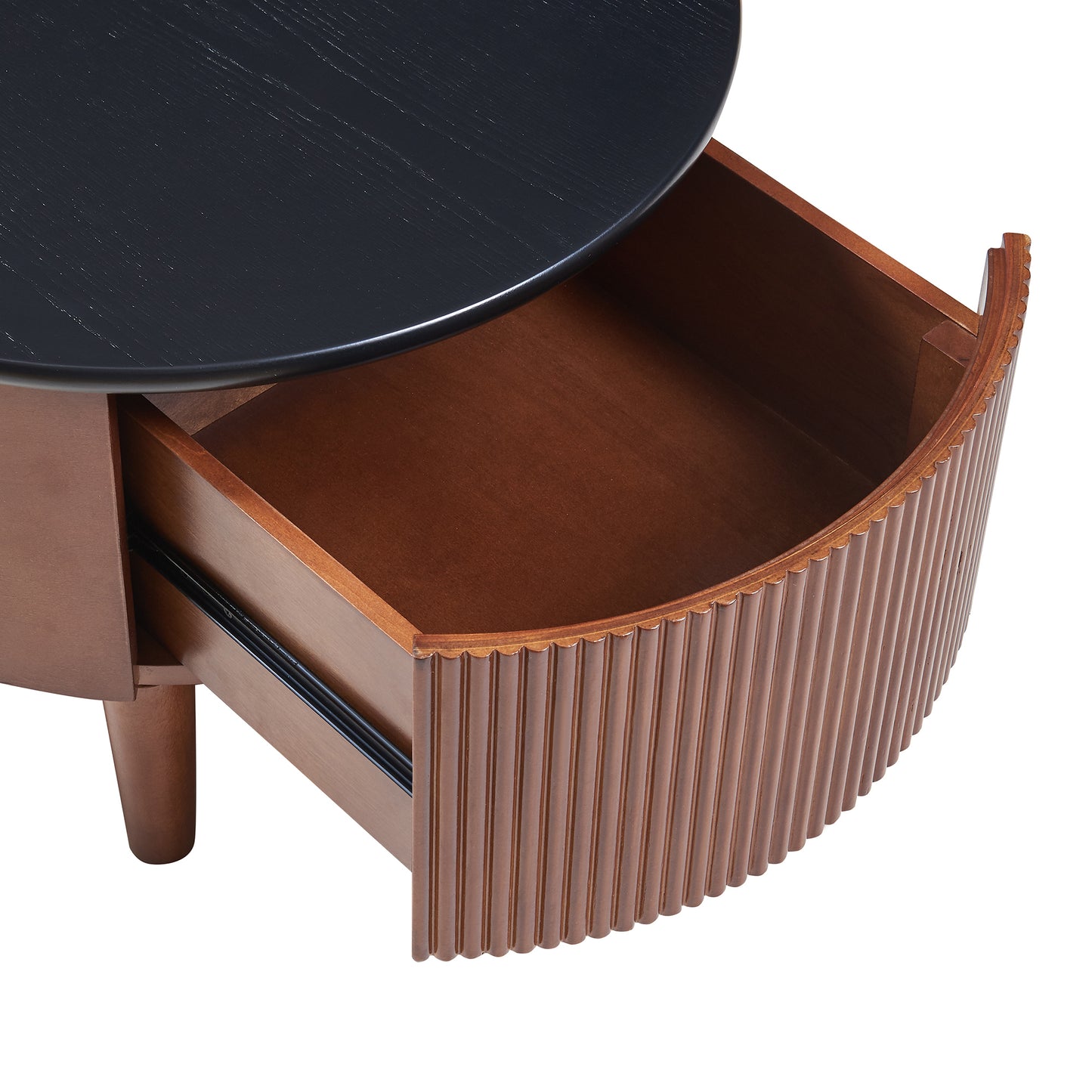 Vintage Round Nesting Coffee Table Fluted with Drawer in Black & Walnut in 31.5''