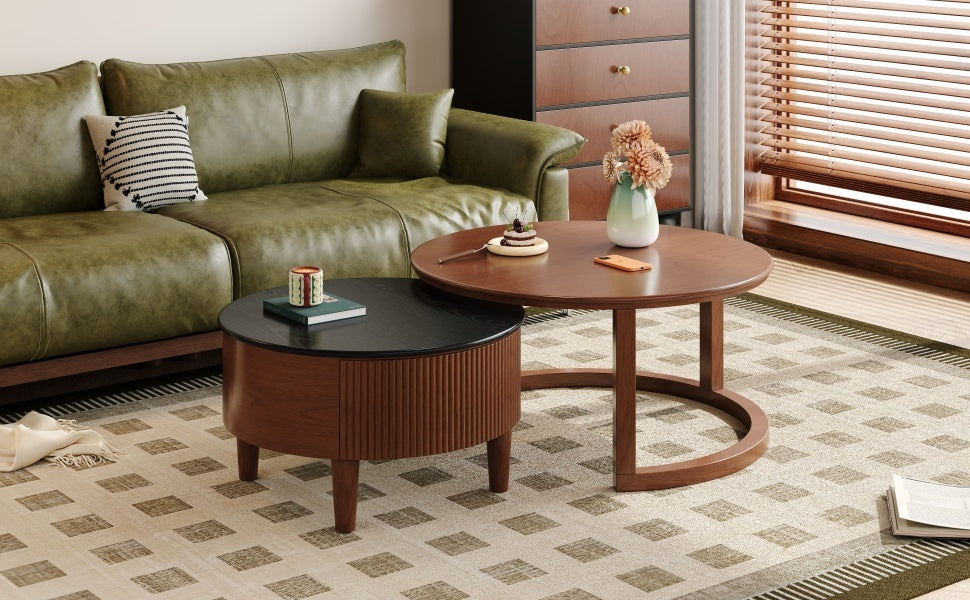 Vintage Round Nesting Coffee Table Fluted with Drawer in Black & Walnut in 31.5''