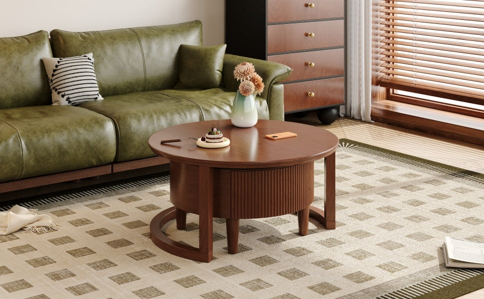 Vintage Round Nesting Coffee Table Fluted with Drawer in Black & Walnut in 31.5''