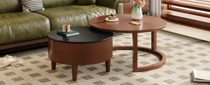 Vintage Round Nesting Coffee Table Fluted with Drawer in Black & Walnut in 31.5''