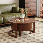 Vintage Round Nesting Coffee Table Fluted with Drawer in Black & Walnut in 31.5''