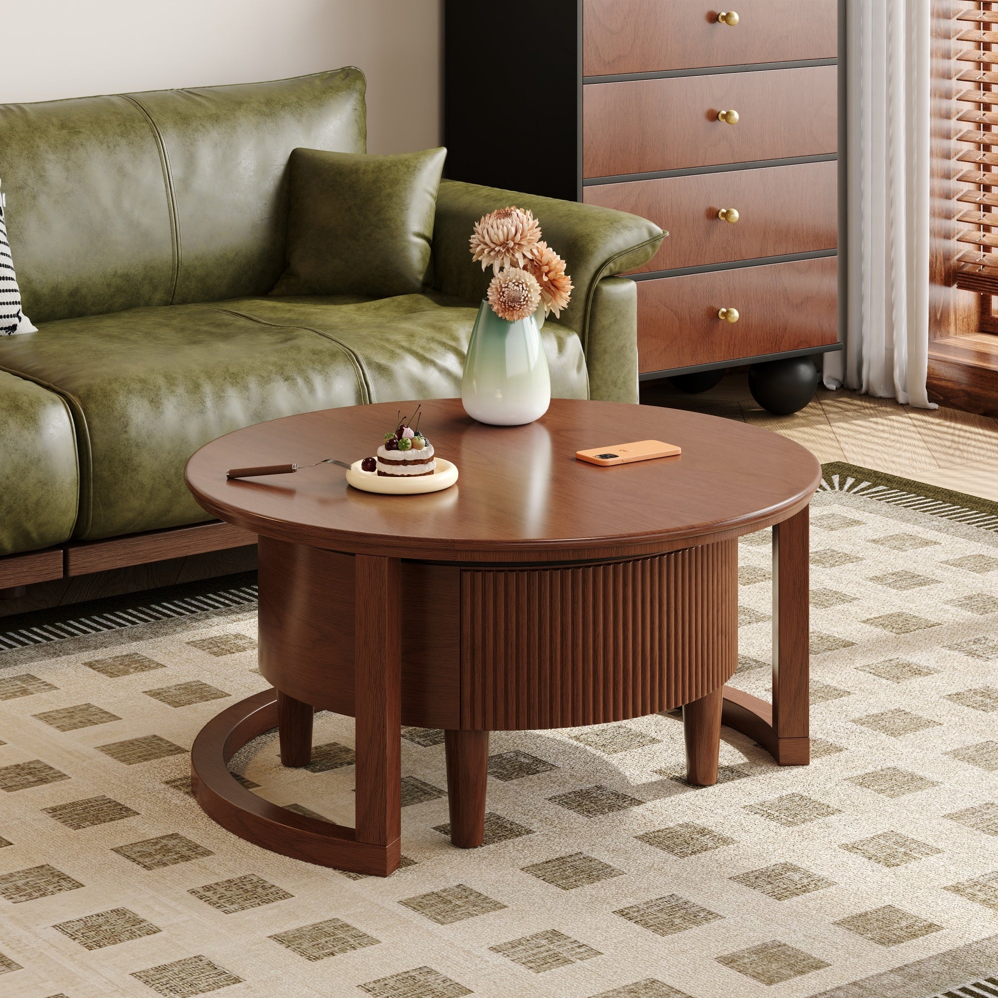 Vintage Round Nesting Coffee Table Fluted with Drawer in Black & Walnut in 31.5''