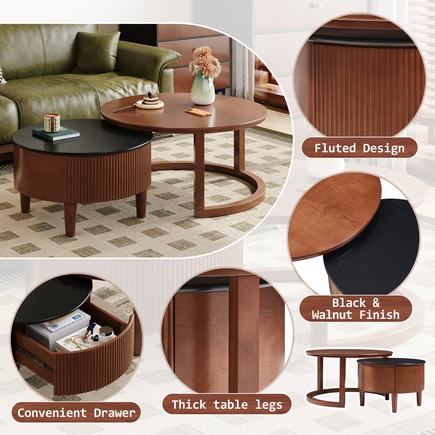 Vintage Round Nesting Coffee Table Fluted with Drawer in Black & Walnut in 31.5''