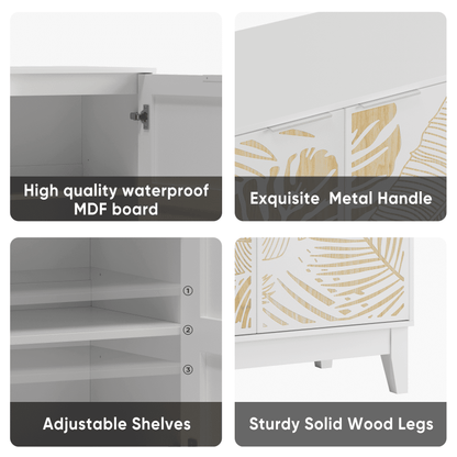 Vintage Carved Buffet Cabinet with Adjustable Shelves, Wooden Decorative Sideboard, White, MDF, 31.5 Inch