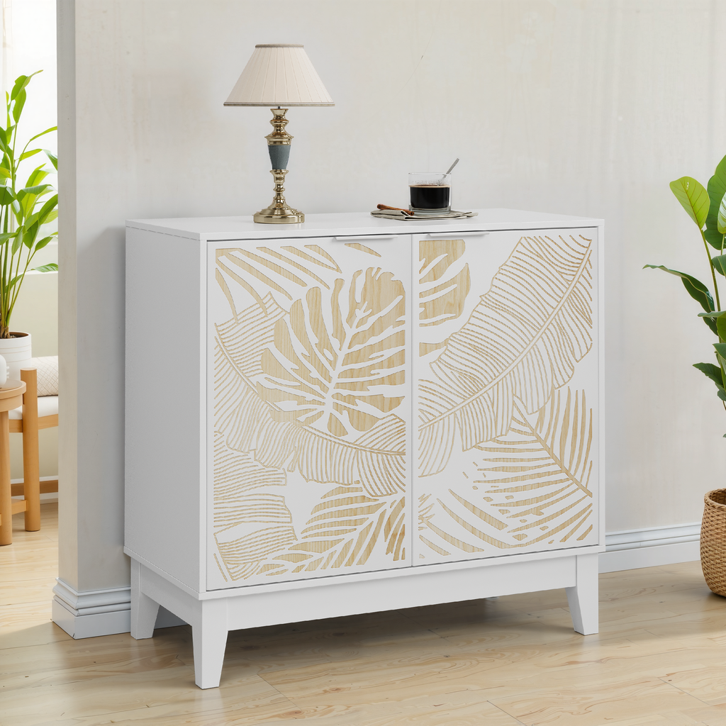 Vintage Carved Buffet Cabinet with Adjustable Shelves, Wooden Decorative Sideboard, White, MDF, 31.5 Inch