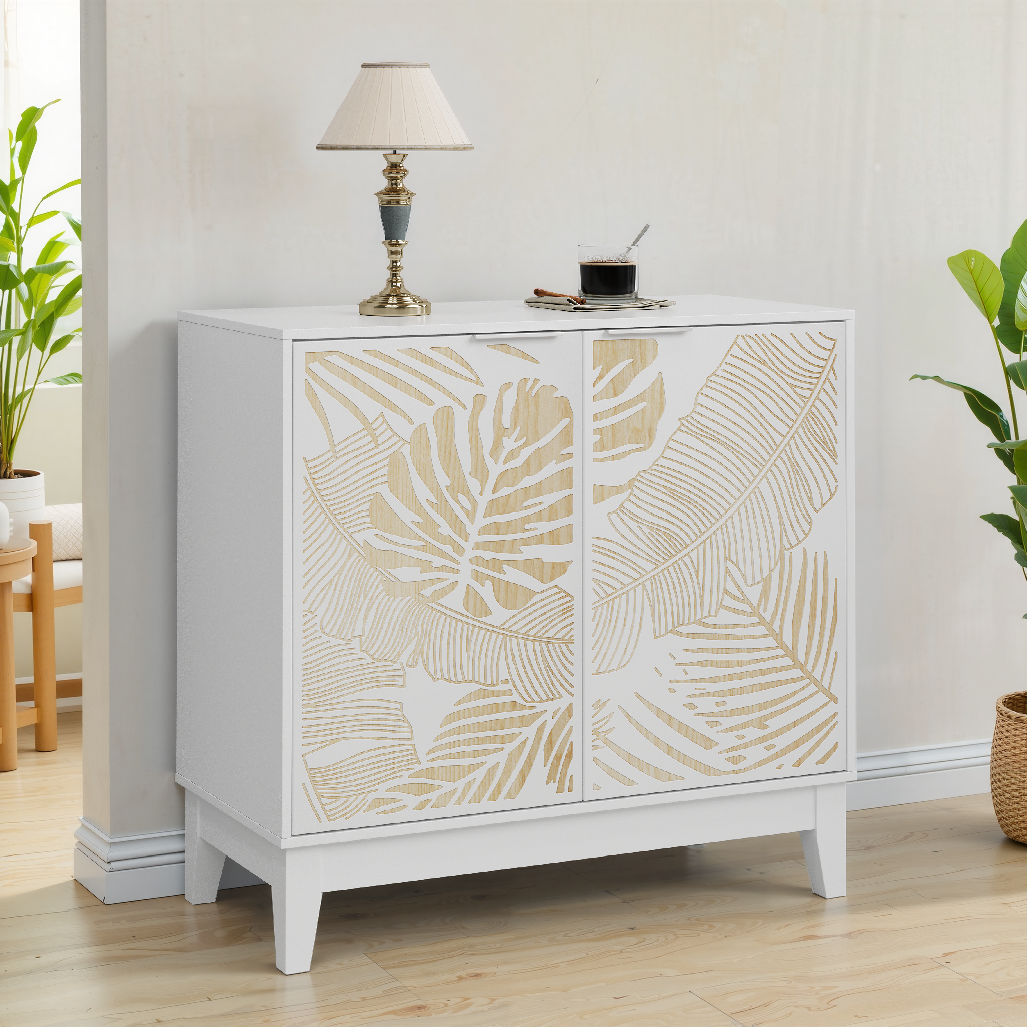 Vintage Carved Buffet Cabinet with Adjustable Shelves, Wooden Decorative Sideboard, White, MDF, 31.5 Inch