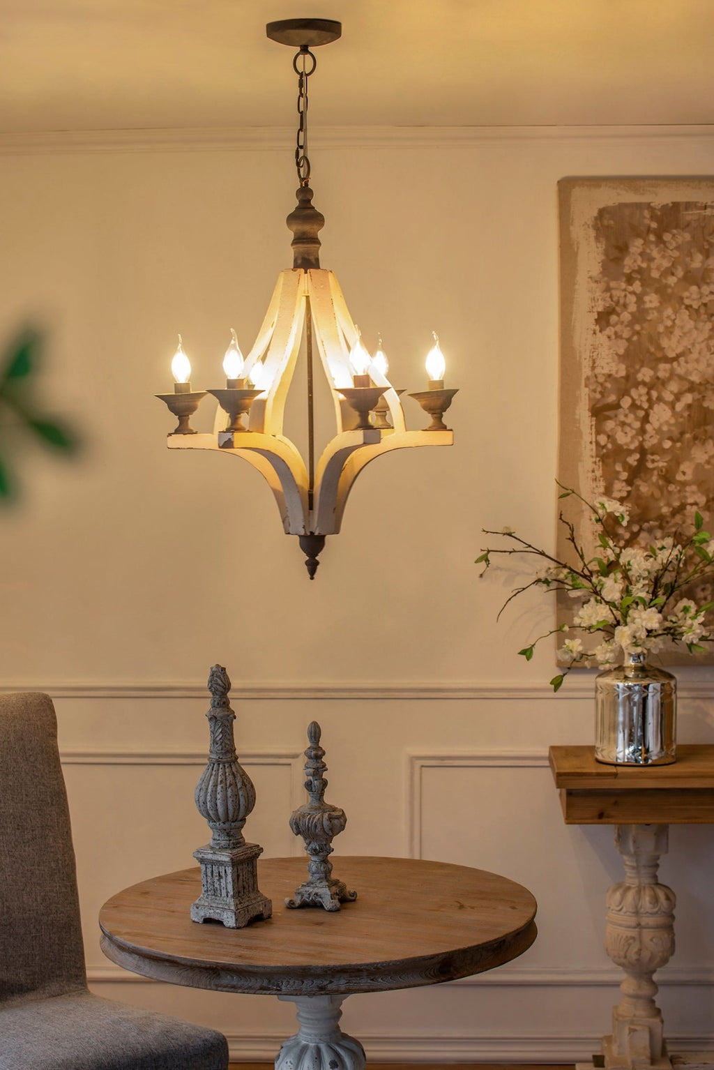 6 - Light Wood Chandelier, Hanging Light Fixture with Adjustable Chain for Kitchen Dining Room Foyer Entryway, Bulb Not Included - Groovy Boardz