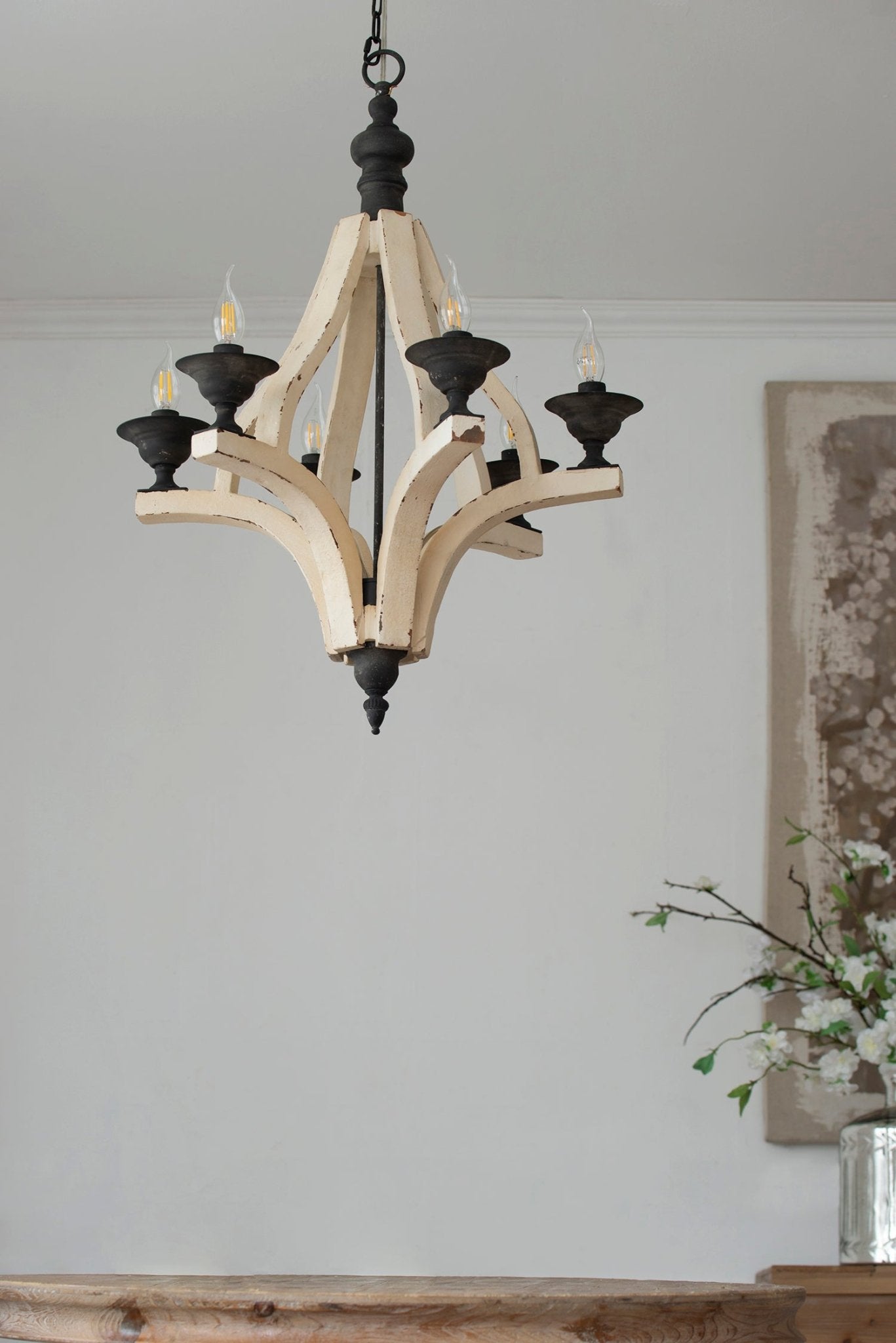 6 - Light Wood Chandelier, Hanging Light Fixture with Adjustable Chain for Kitchen Dining Room Foyer Entryway, Bulb Not Included - Groovy Boardz