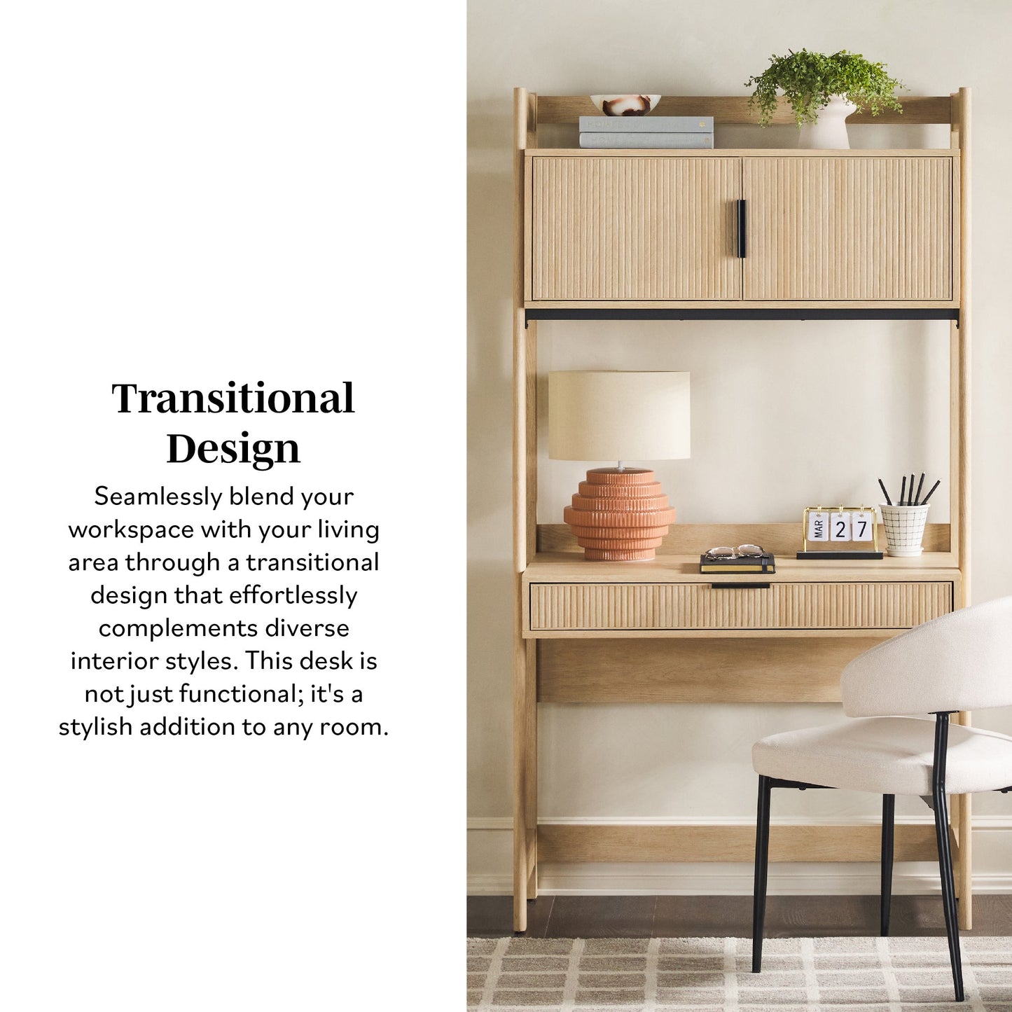 Walker Edison Transitional Reeded and Narrow/Wide Bookshelves and Desks with Drawers and Hutch