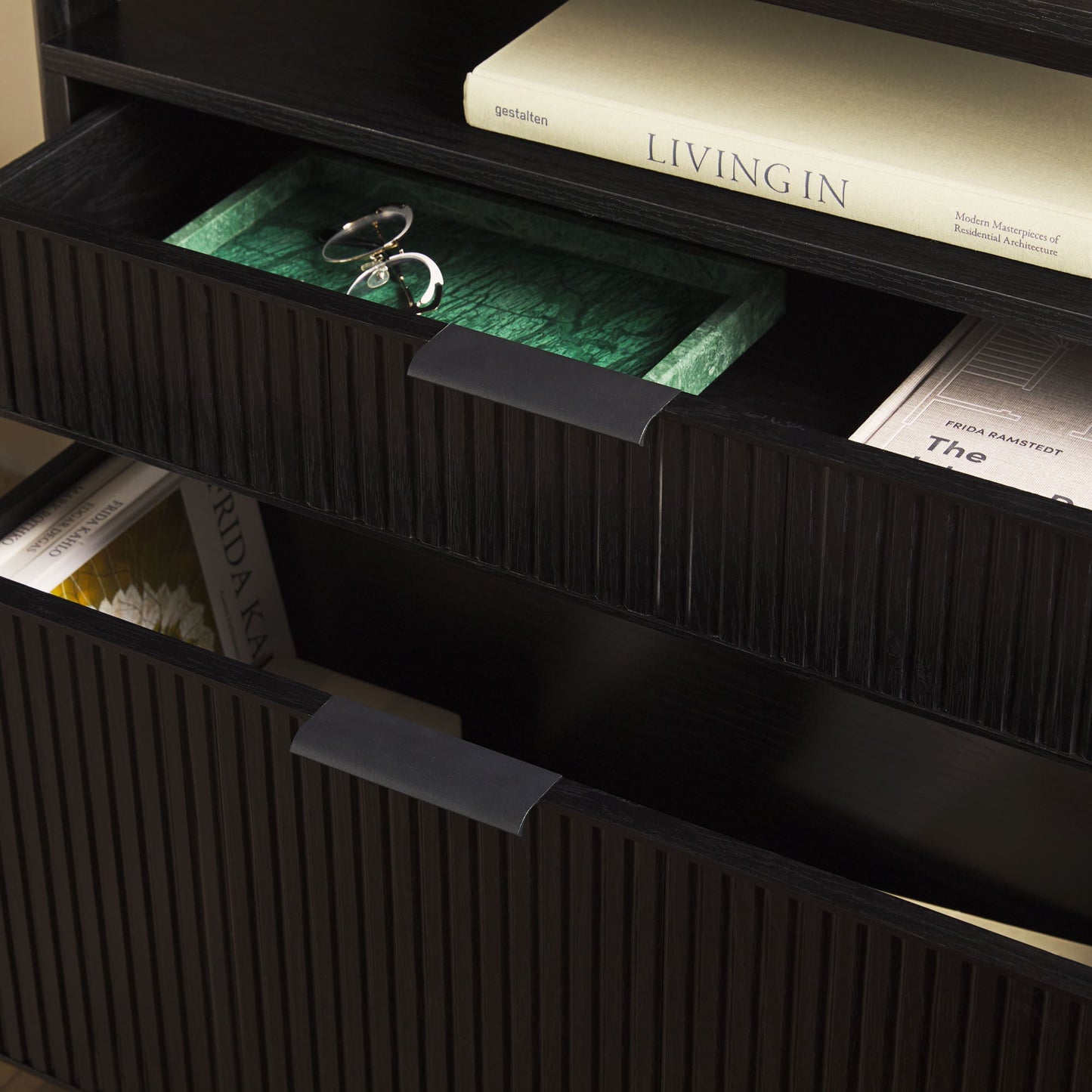 Walker Edison Transitional Reeded and Narrow/Wide Bookshelves and Desks with Drawers and Hutch