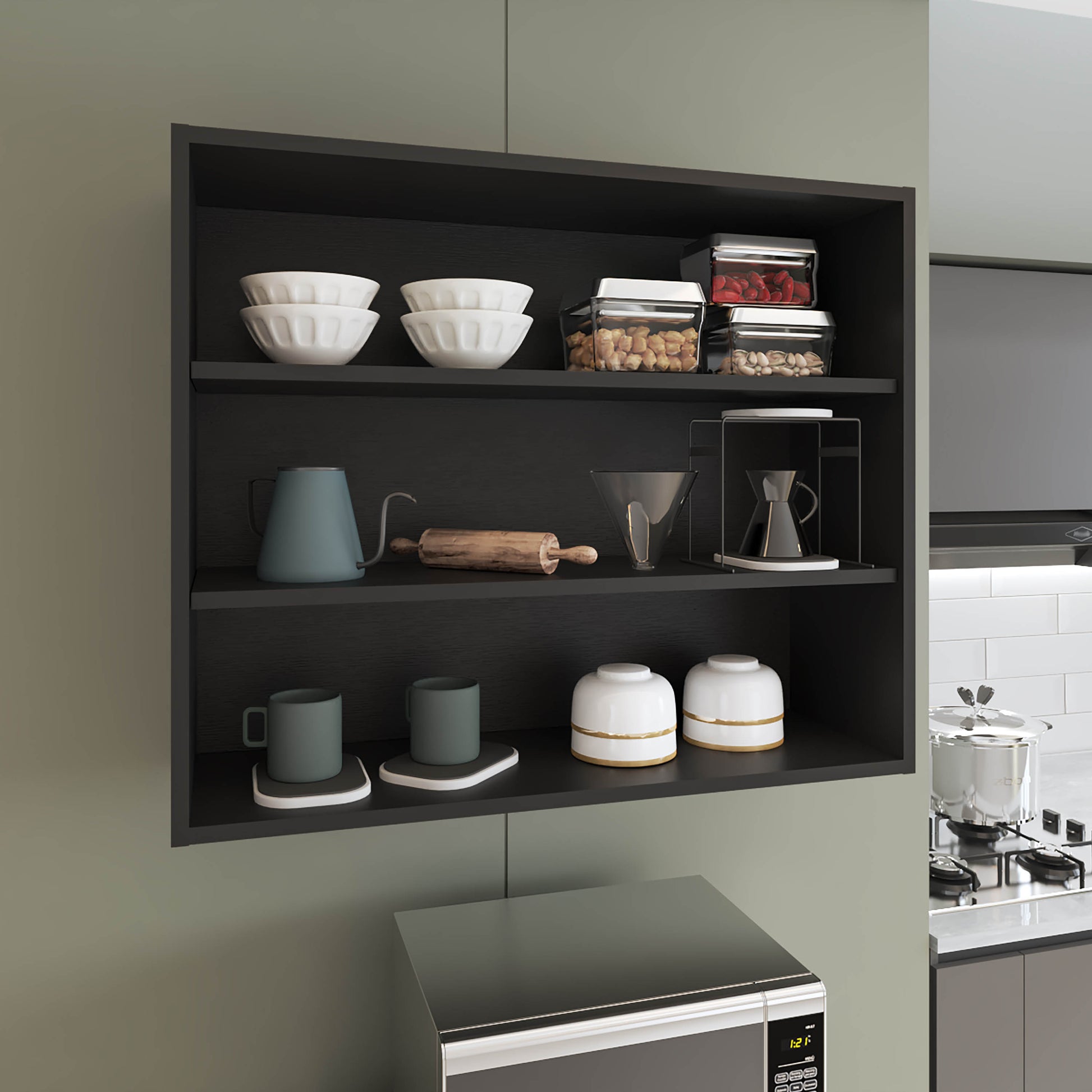 Wally 36 Wide x 30H 3-Tier Open Wall Cabinet, Wall Shelf, Storage Cabinet, Cube Shelf Bedroom, Office, Living Room, Garage Black