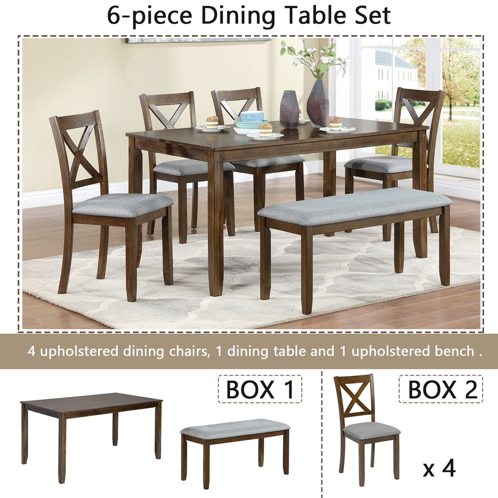 6 Piece Kitchen Dining Set, Rectangular Wooden Dining Table with 4 Upholstered Chairs and a Bench, Dining Table Set for 6 People, Living Room, Home Bar and Kitchen, Walnut