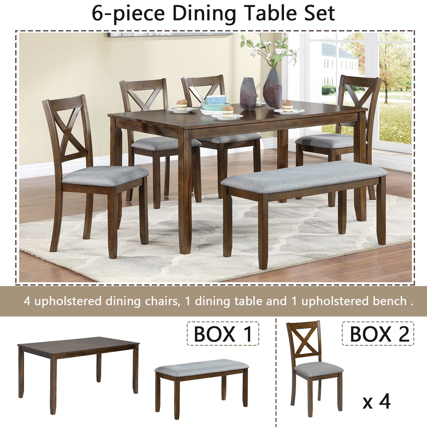 6 Piece Kitchen Dining Set, Rectangular Wooden Dining Table with 4 Upholstered Chairs and a Bench, Dining Table Set for 6 People, Living Room, Home Bar and Kitchen, Walnut