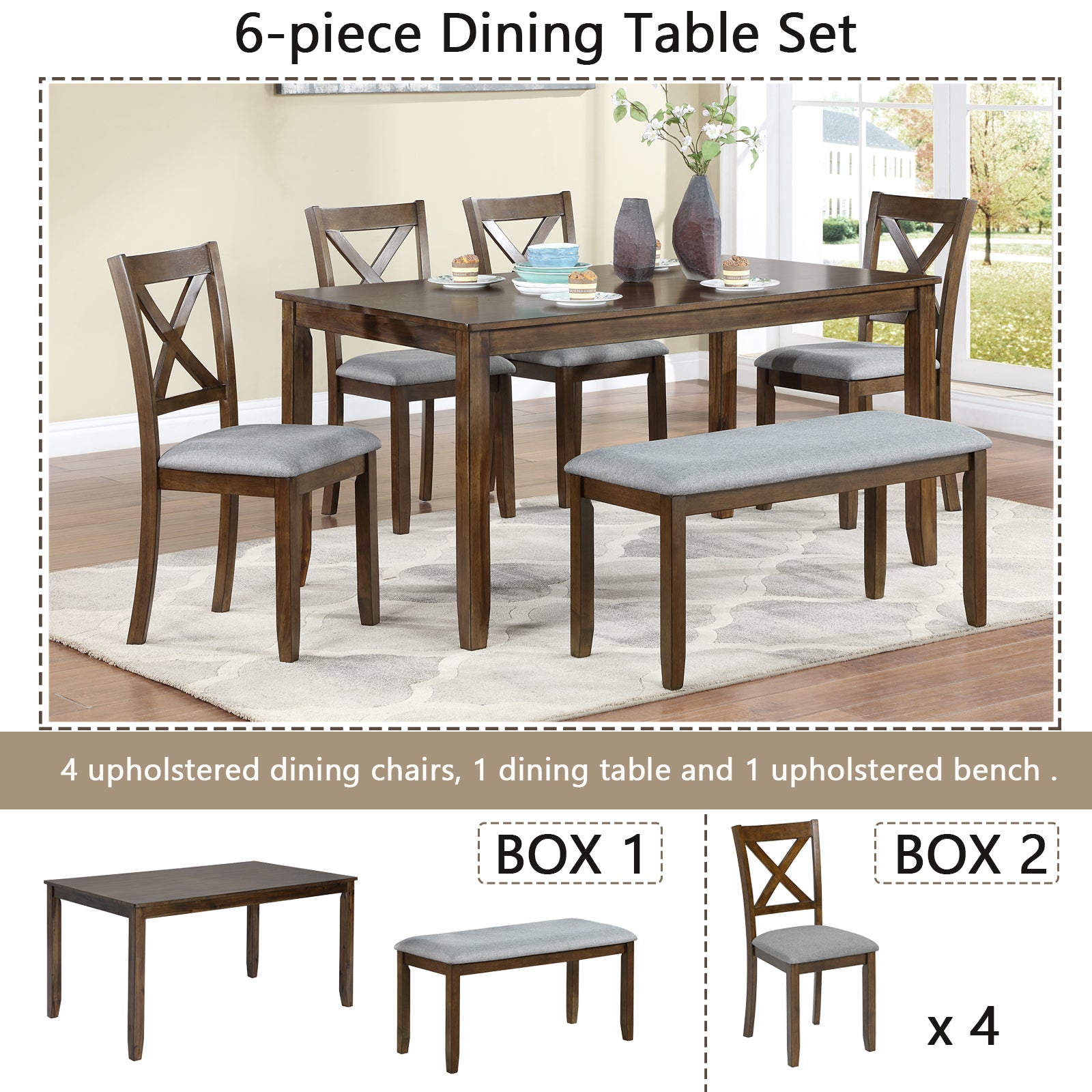 6 Piece Kitchen Dining Set, Rectangular Wooden Dining Table with 4 Upholstered Chairs and a Bench, Dining Table Set for 6 People, Living Room, Home Bar and Kitchen, Walnut