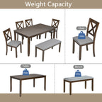 6 Piece Kitchen Dining Set, Rectangular Wooden Dining Table with 4 Upholstered Chairs and a Bench, Dining Table Set for 6 People, Living Room, Home Bar and Kitchen, Walnut