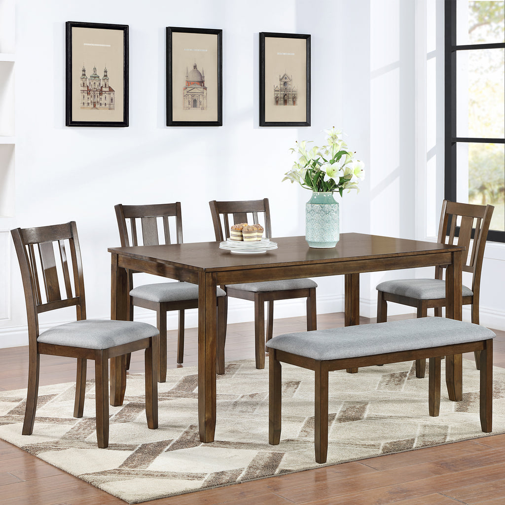 6PCs Kitchen Dining Set, Rectangular Wooden Dining Table with 4 Upholstered Chairs and a Bench, Dining Table Set for 6 People, Living Room, Home Bar and Kitchen, Walnut Dining Table Set