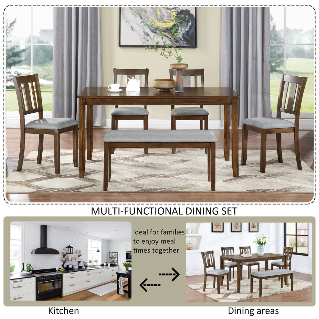 6PCs Kitchen Dining Set, Rectangular Wooden Dining Table with 4 Upholstered Chairs and a Bench, Dining Table Set for 6 People, Living Room, Home Bar and Kitchen, Walnut Dining Table Set