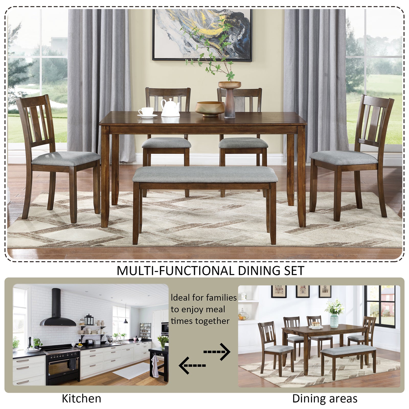 6PCs Kitchen Dining Set, Rectangular Wooden Dining Table with 4 Upholstered Chairs and a Bench, Dining Table Set for 6 People, Living Room, Home Bar and Kitchen, Walnut Dining Table Set