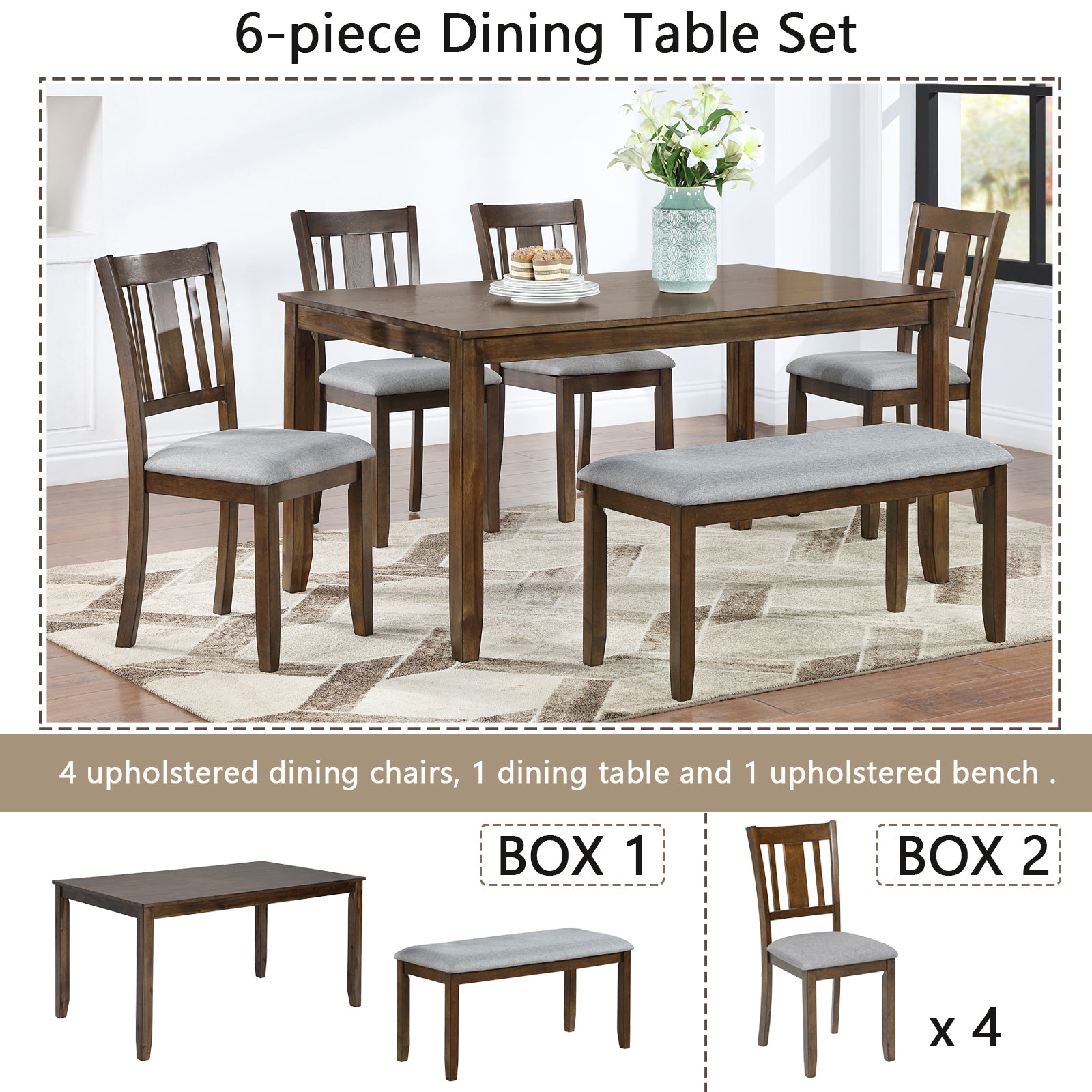 6PCs Kitchen Dining Set, Rectangular Wooden Dining Table with 4 Upholstered Chairs and a Bench, Dining Table Set for 6 People, Living Room, Home Bar and Kitchen, Walnut Dining Table Set