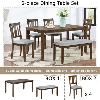 6PCs Kitchen Dining Set, Rectangular Wooden Dining Table with 4 Upholstered Chairs and a Bench, Dining Table Set for 6 People, Living Room, Home Bar and Kitchen, Walnut Dining Table Set