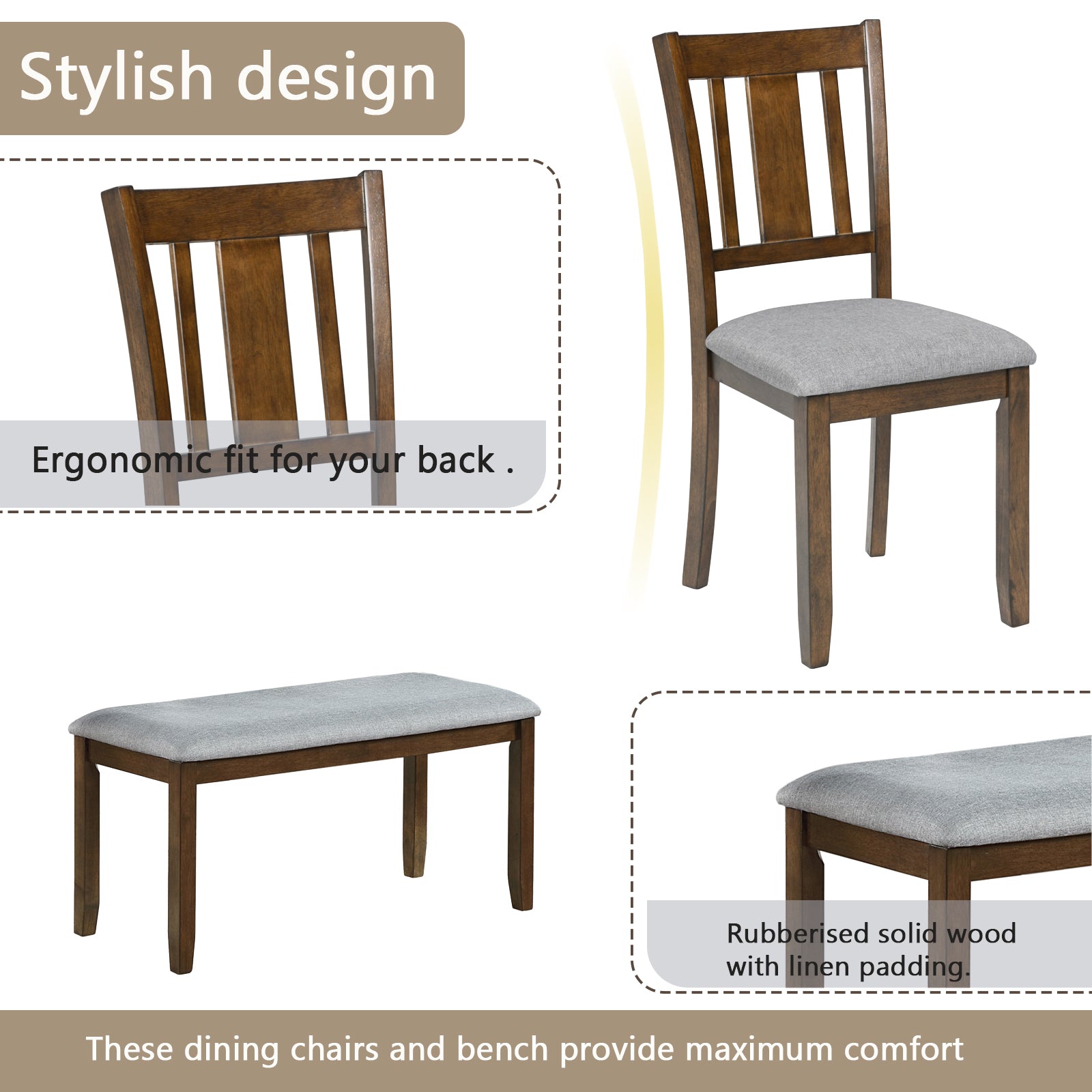 6PCs Kitchen Dining Set, Rectangular Wooden Dining Table with 4 Upholstered Chairs and a Bench, Dining Table Set for 6 People, Living Room, Home Bar and Kitchen, Walnut Dining Table Set