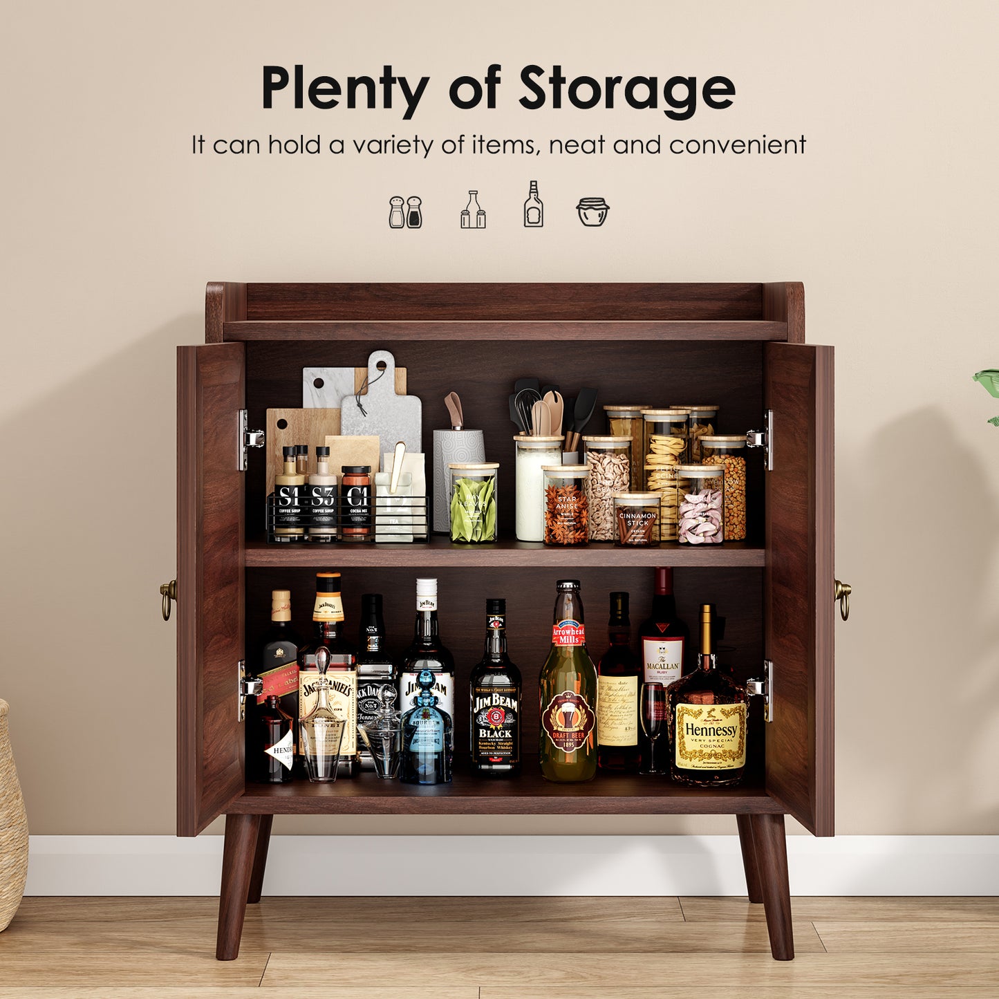 Sideboard Buffet Cabinet with Storage, Bar Liquor Cabinet with Rattan Decorated Doors, Credenza Console Tablefor Dining Room, Living Room,Hallway,Walnut