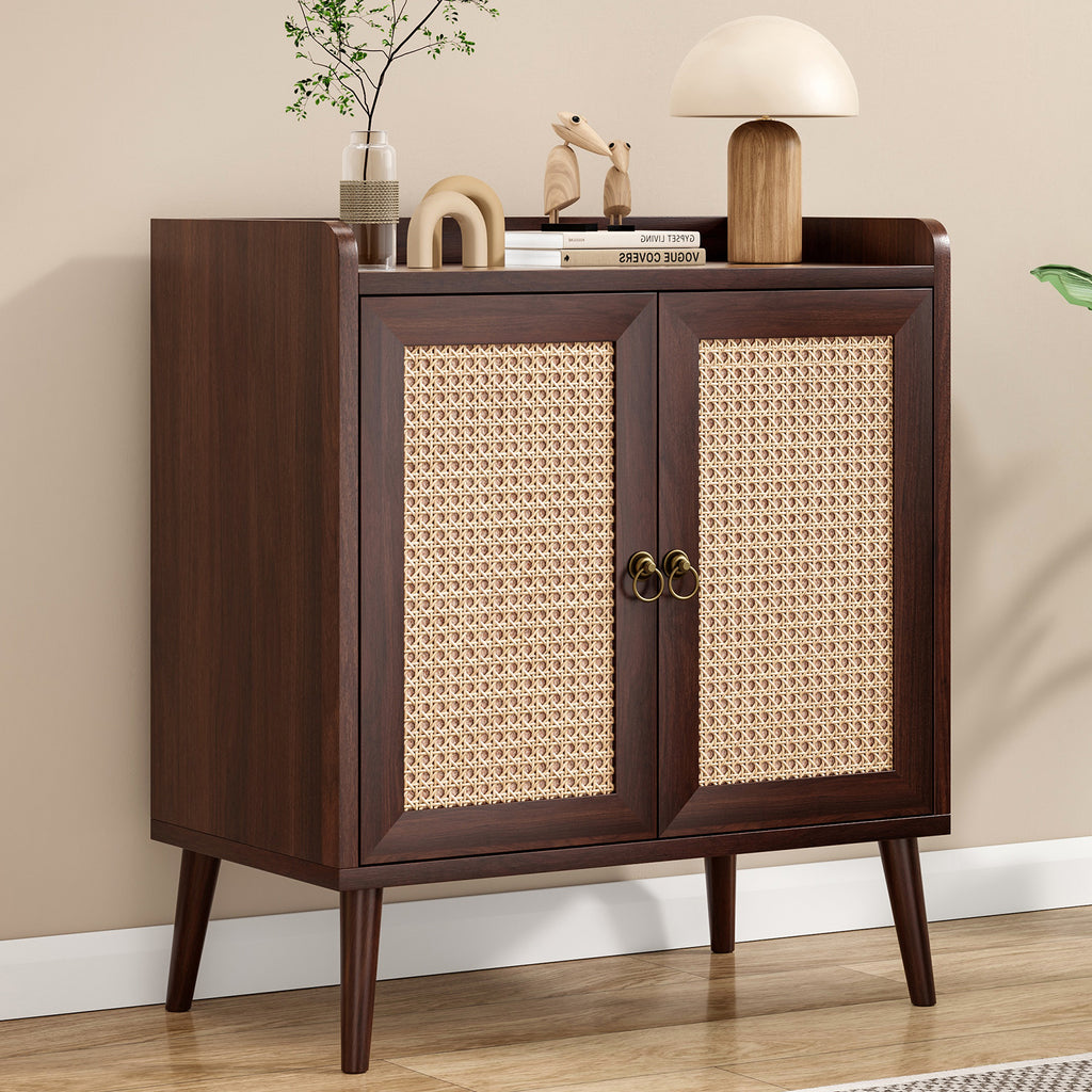 Sideboard Buffet Cabinet with Storage, Bar Liquor Cabinet with Rattan Decorated Doors, Credenza Console Tablefor Dining Room, Living Room,Hallway,Walnut