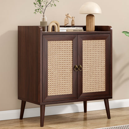 Sideboard Buffet Cabinet with Storage, Bar Liquor Cabinet with Rattan Decorated Doors, Credenza Console Tablefor Dining Room, Living Room,Hallway,Walnut