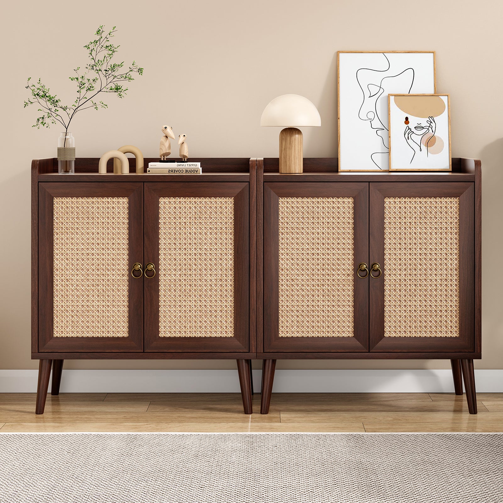 Sideboard Buffet Cabinet with Storage, Bar Liquor Cabinet with Rattan Decorated Doors, Credenza Console Tablefor Dining Room, Living Room,Hallway,Walnut