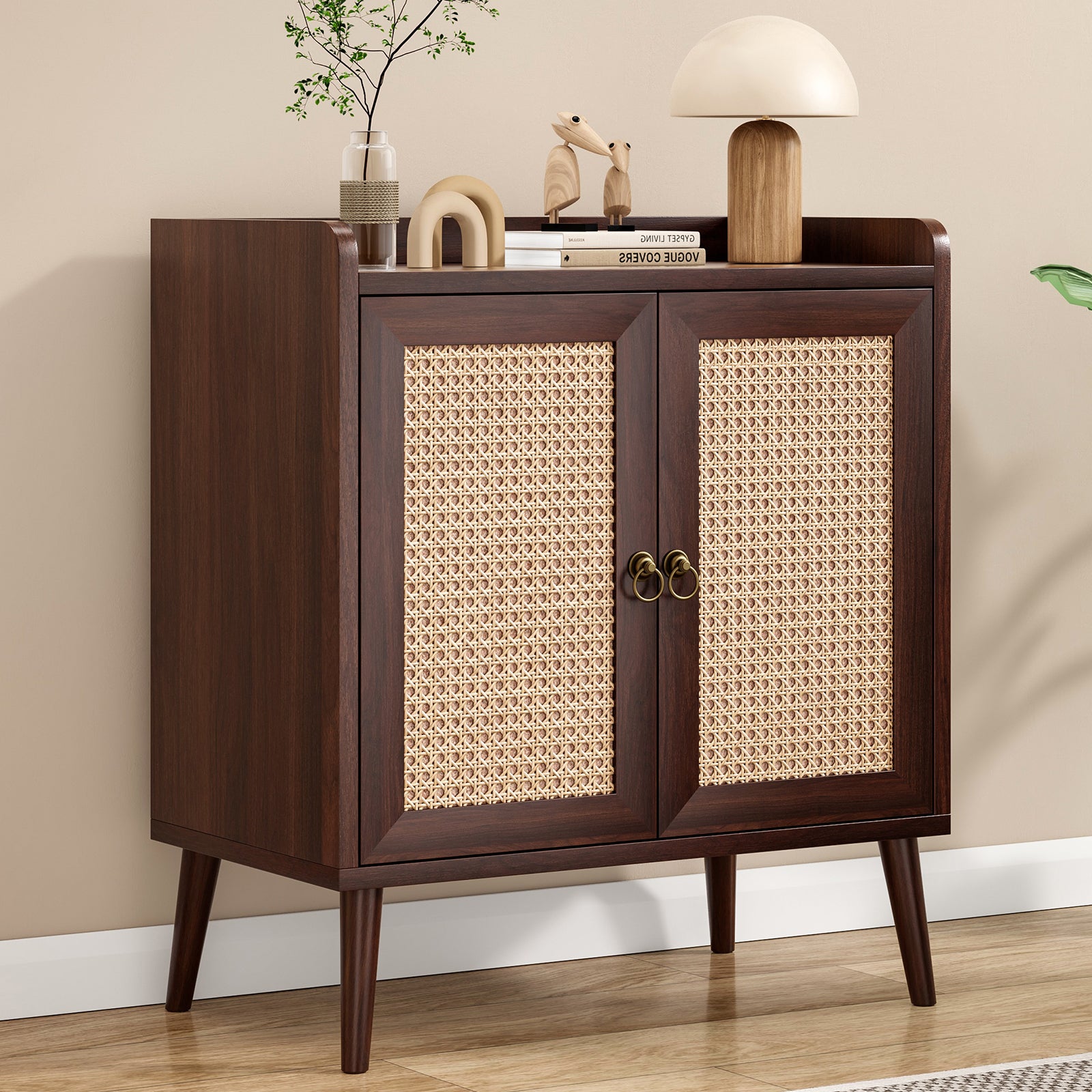 Sideboard Buffet Cabinet with Storage, Bar Liquor Cabinet with Rattan Decorated Doors, Credenza Console Tablefor Dining Room, Living Room,Hallway,Walnut