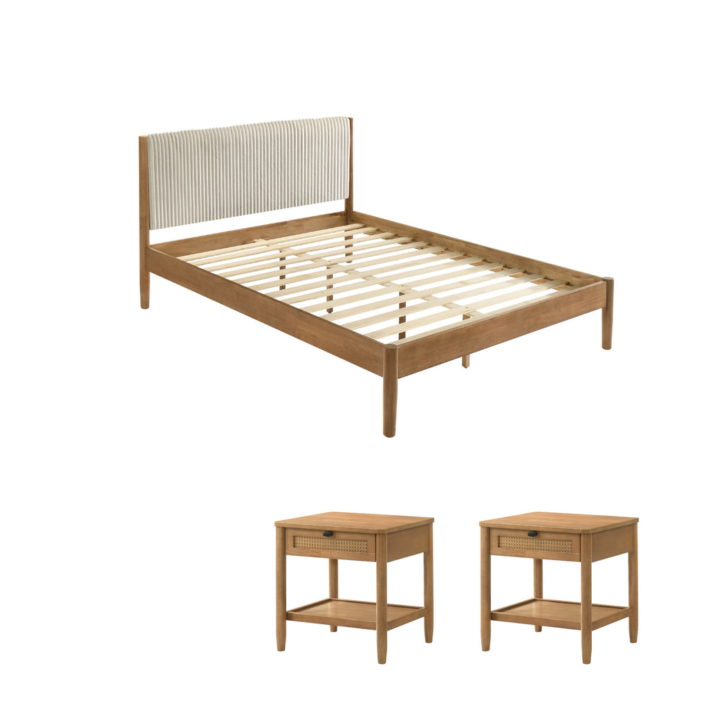 Vichy 3-Piece Rubberwood Corduroy Bedroom Set, Platform Bed with Two Nightstands, Queen
