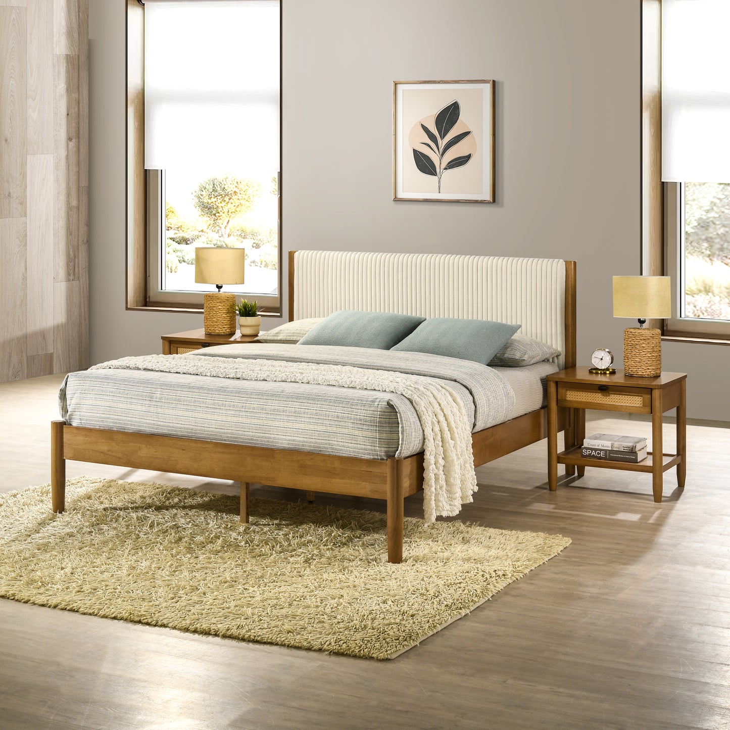 Vichy 3-Piece Rubberwood Corduroy Bedroom Set, Platform Bed with Two Nightstands, Queen