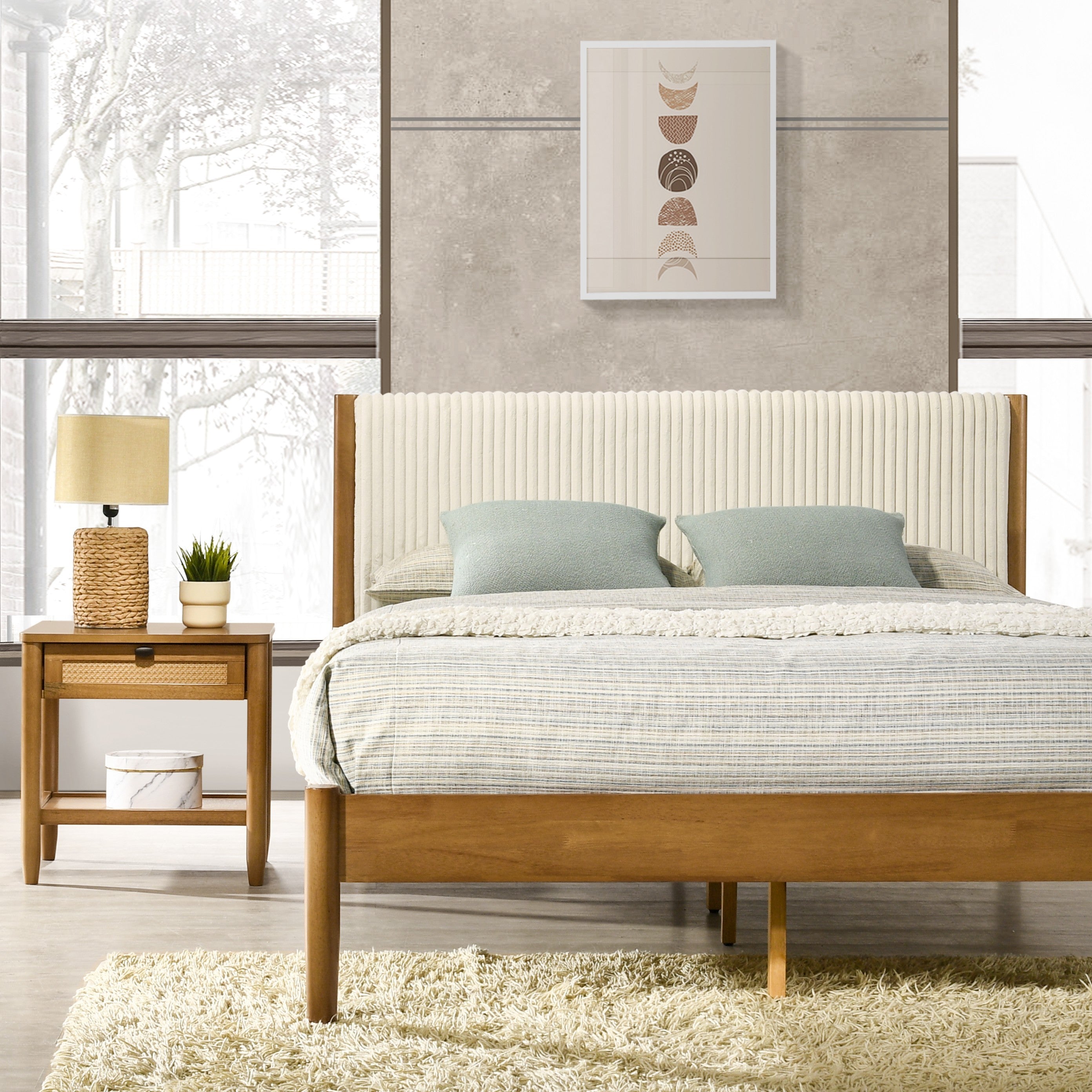 Vichy 3-Piece Rubberwood Corduroy Bedroom Set, Platform Bed with Two Nightstands, Queen