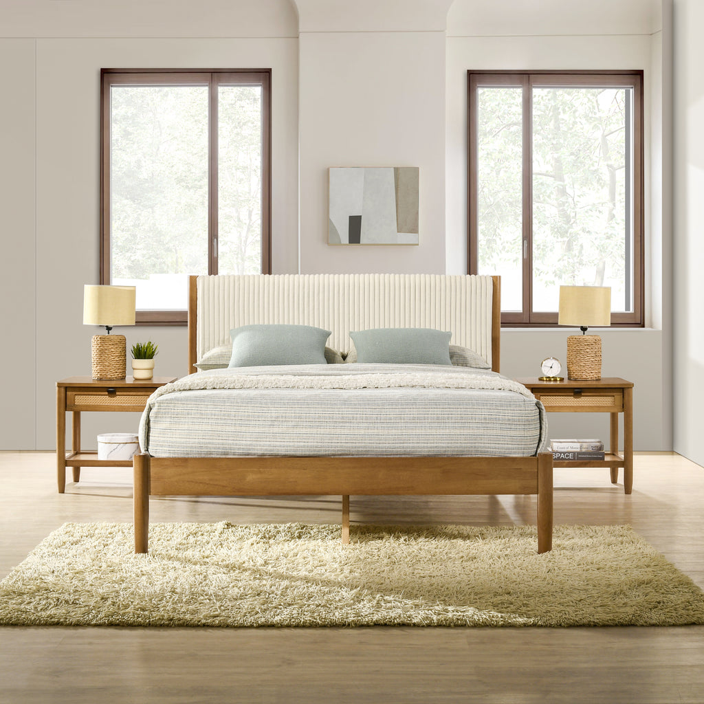 Vichy 3-Piece Rubberwood Corduroy Bedroom Set, Platform Bed with Two Nightstands, Queen