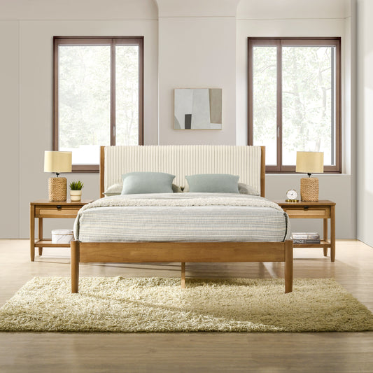Vichy 3-Piece Rubberwood Corduroy Bedroom Set, Platform Bed with Two Nightstands, Queen