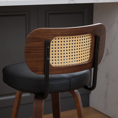 Set of 3 Counter Height Bar Stools - 26 inch Rattan Counter Height Stools with Cane Back, Upholstered Seat, Walnut Craftsmanship, Swivel Counter Stools for Island/Kitchen/Counter/Bar (Walnut /Black)