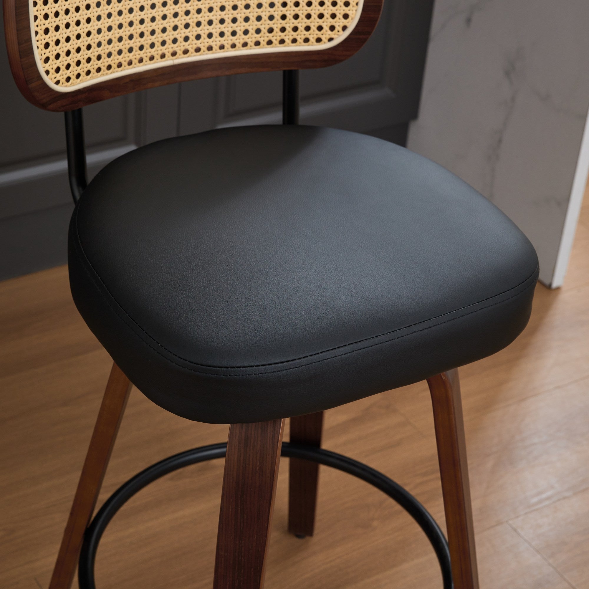 Set of 3 Counter Height Bar Stools - 26 inch Rattan Counter Height Stools with Cane Back, Upholstered Seat, Walnut Craftsmanship, Swivel Counter Stools for Island/Kitchen/Counter/Bar (Walnut /Black)