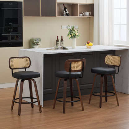 Set of 3 Counter Height Bar Stools - 26 inch Rattan Counter Height Stools with Cane Back, Upholstered Seat, Walnut Craftsmanship, Swivel Counter Stools for Island/Kitchen/Counter/Bar (Walnut /Black)