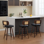 Set of 3 Counter Height Bar Stools - 26 inch Rattan Counter Height Stools with Cane Back, Upholstered Seat, Walnut Craftsmanship, Swivel Counter Stools for Island/Kitchen/Counter/Bar (Walnut /Black)