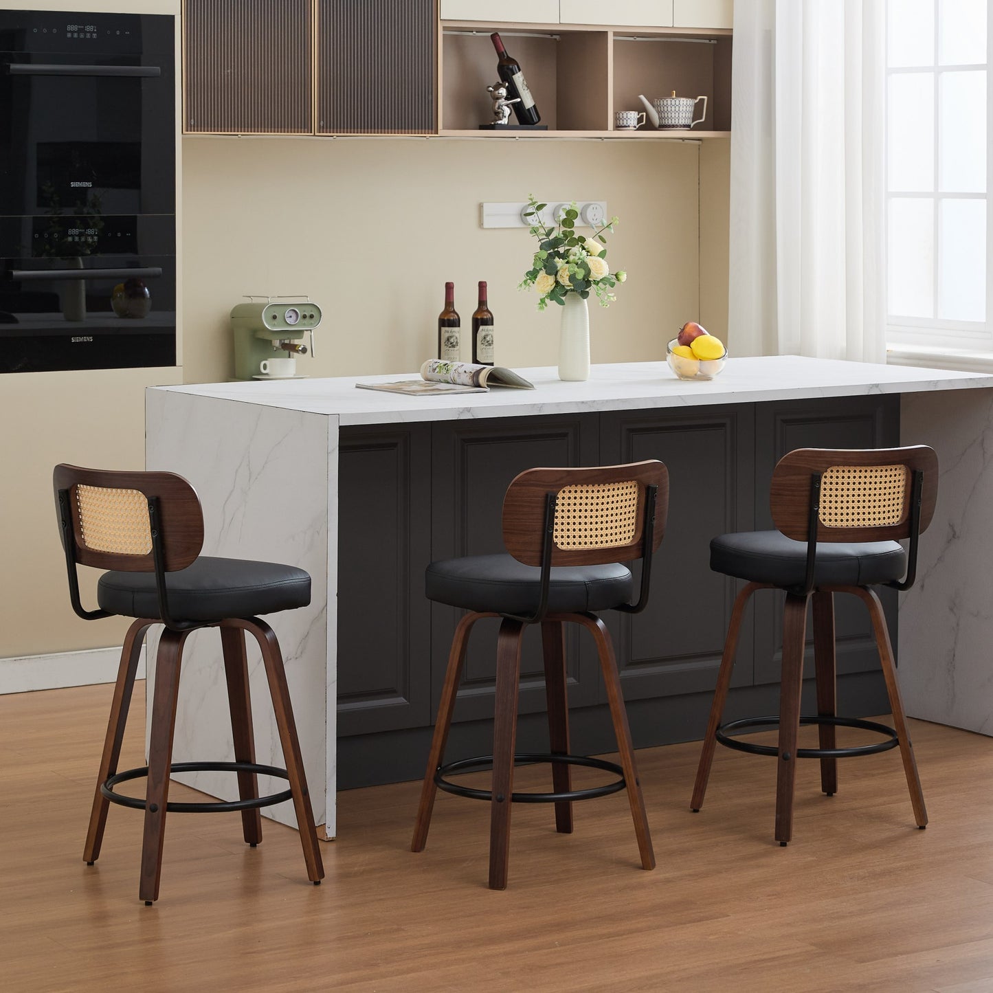 Set of 3 Counter Height Bar Stools - 26 inch Rattan Counter Height Stools with Cane Back, Upholstered Seat, Walnut Craftsmanship, Swivel Counter Stools for Island/Kitchen/Counter/Bar (Walnut /Black)